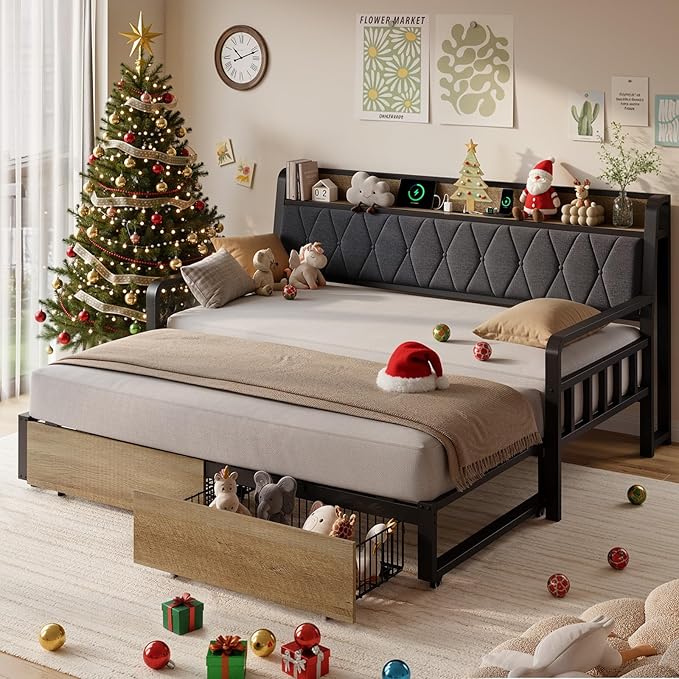 ONBRILL Twin Daybed with Trundle, Twin to King Daybed with Pop up Trundle by ONBRILL