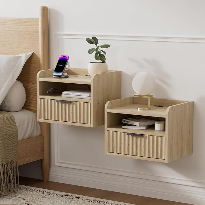 Fluted Floating Nightstand Set of 2, Wall Mounted Bedside Table by EYYTHUNG