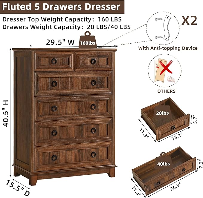 Farmhouse 6 Drawer Dresser for Bedroom, Rustic Wood Dresser - Image 2
