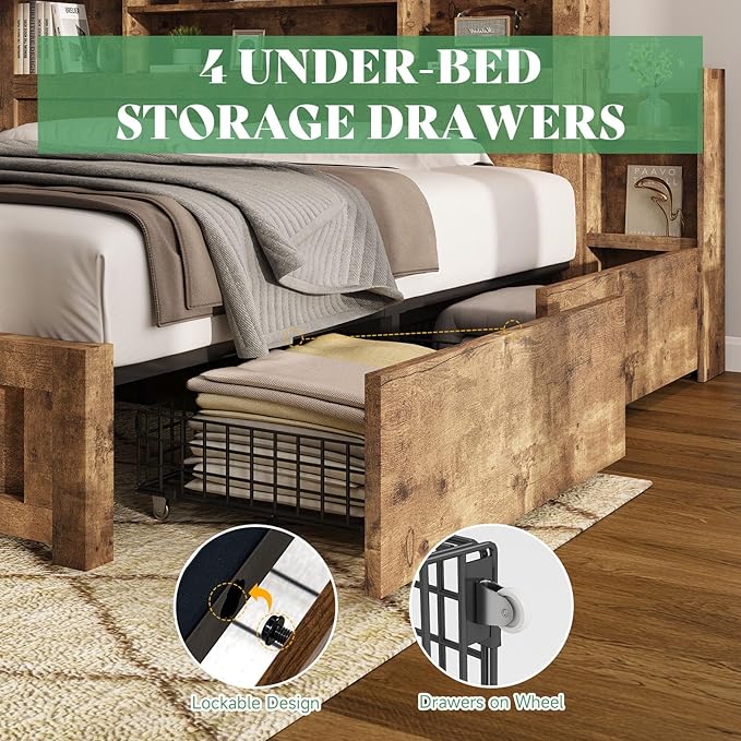 AMERLIFE Queen Bed Frame with 4 Storage Drawers, Wood Bed Frame with 49.6" Tall - Image 5