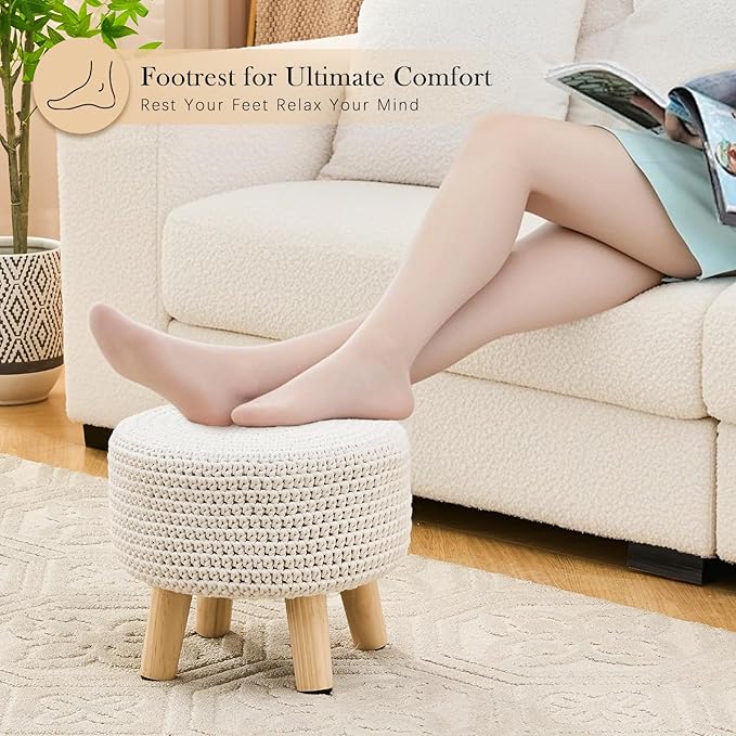 LGENHOOM Boho Ottoman Foot Stool Cotton Knitted Round Pouf Ottoman Foot Rest - Image 5