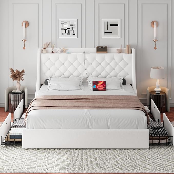 iPormis Queen Bed Frame with 4 Storage Drawers, Upholstered Platform Bed Frame - Image 3