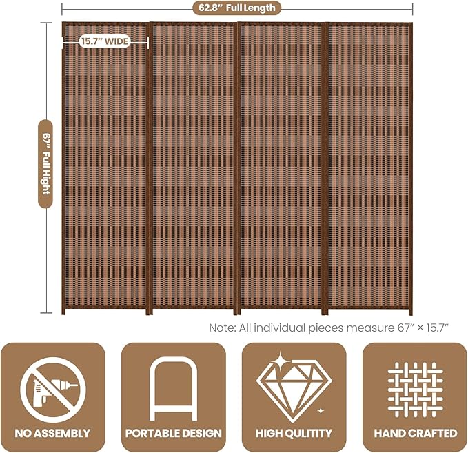 4 Panel Room Divider and Extra Wide Folding Privacy Screen, Bamboo Room Divider - Image 2