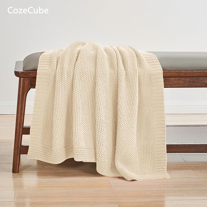 CozeCube Beige Throw Blanket for Couch, Soft Cozy Cable Knit Throw for Bed Sofa - Image 3