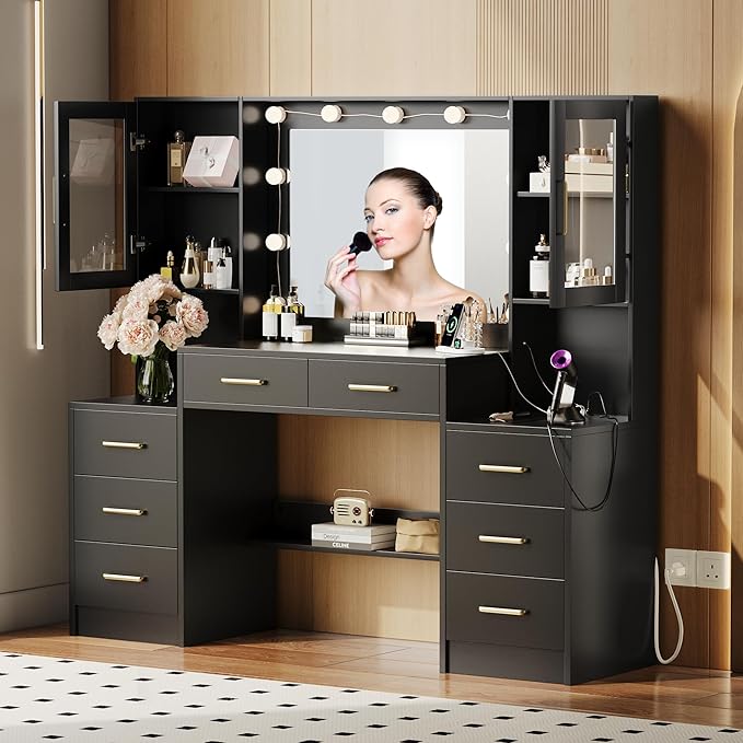 Black Vanity Desk with Mirror, Lights & Charging Station, 58.3" 3 Lighting - Image 7