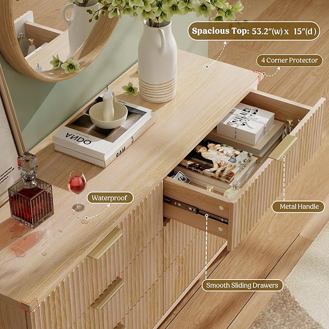 Lulive Dresser for Bedroom Wood Dressers Chest of Drawers, Fluted 53.2" Wide - Image 3