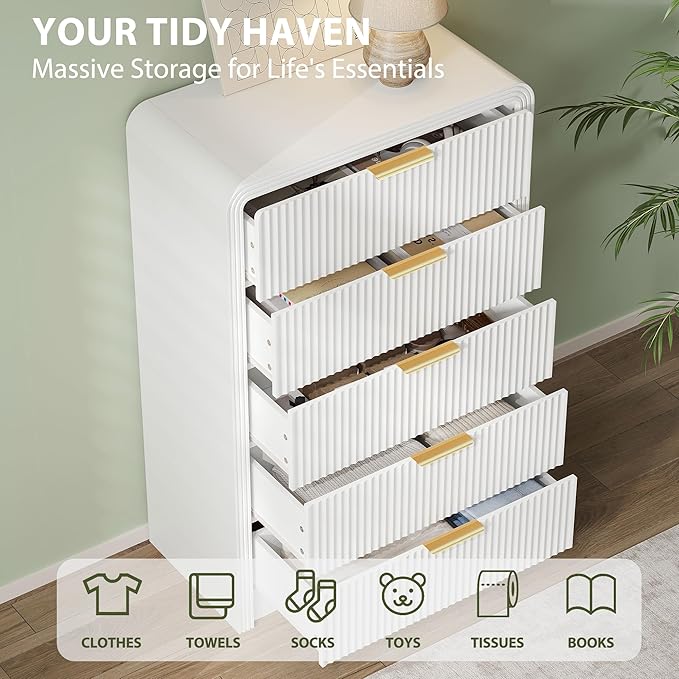 Fluted 5 Drawers Dresser, Wood Drawer Organizer - Image 3