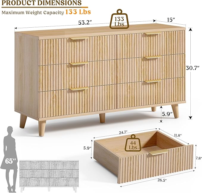 Lulive Dresser for Bedroom Wood Dressers Chest of Drawers, Fluted 53.2" Wide - Image 2