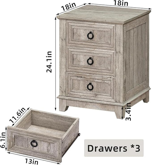 18" Farmhouse Night Stand with 3 Drawers, Wood End Table Dresser - Image 2