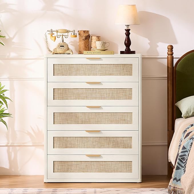 LEYAOYAO Rattan Dresser for Bedroom Set 2, Modern 5 Drawers Boho Dressers - Image 5