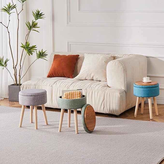 Mxfurhawa Storage Ottoman Linen Round Vanity Stool Tray Top Modern Foot Stool - Image 9