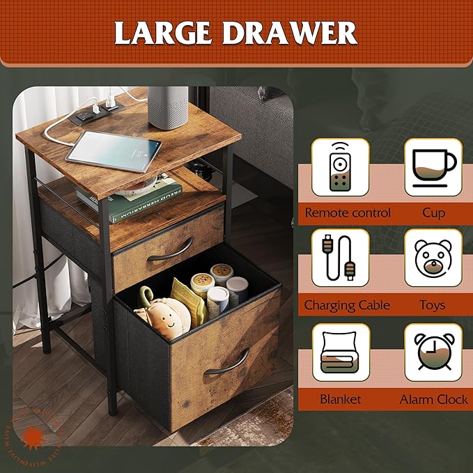 WLIVE Nightstand with Charging Station, End Table with 2 Fabric Drawers - Image 5