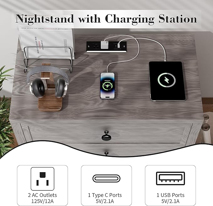 COWMOU Nightstand with Drawers 3 Drawer Night Stand with Charging Station - Image 5