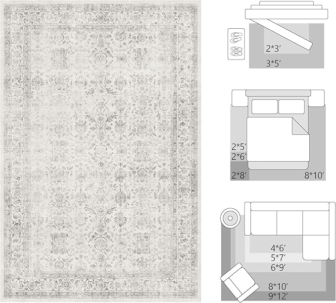 FMFUNCTEX 8x10 Washable Area Rug Grey Vintage Neutral Distressed Large Non Slip - Image 2