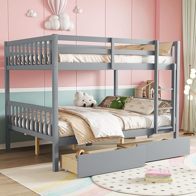 Full Over Full Bunk Bed with Storage Drawers, Convertible Bunk Beds with Ladder by Bellemave