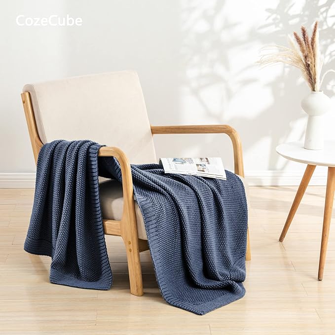 CozeCube Blue Throw Blanket for Couch, Soft Cozy Cable Knit Throw for Bed Sofa - Image 2