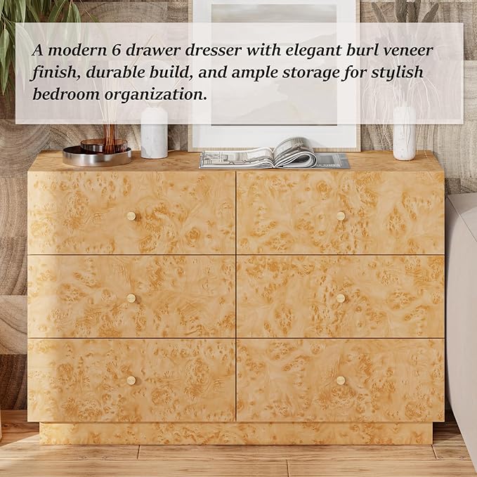 Modern 6 Drawer Dresser with Burl Finish, Wide Wood Chest of Drawers Clothes - Image 4