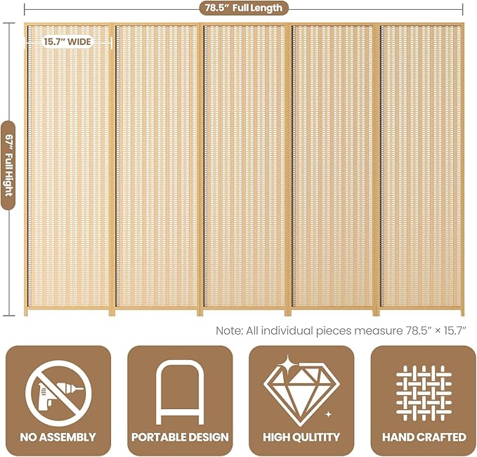 5 Panel Room Divider and Extra Wide Folding Privacy Screen, Bamboo Room Divider - Image 2