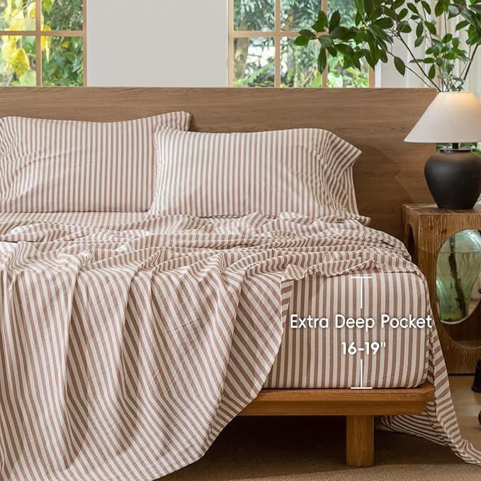 MooMee Striped Fitted Bottom Sheet Only 100% Washed Cotton Linen Like Textured - Image 5