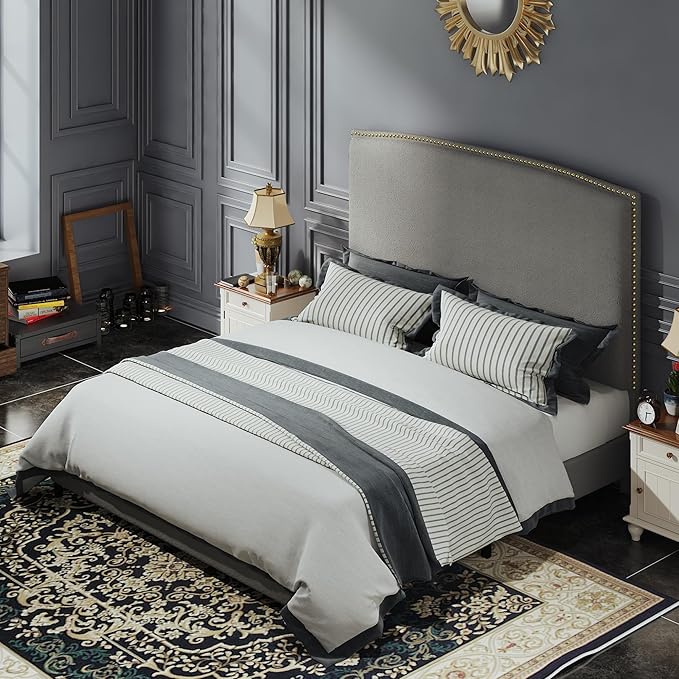 Full Size Bed Frame with Headboard, Soft Boucle Fabric, No Box Spring Needed - Image 3