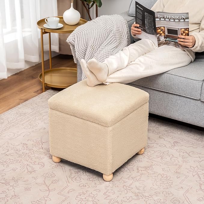 Adeco 17 Inch Soft Oatmeal Cube Ottoman Storage, Teddy Velvet Chair Foot Stools - Image 6