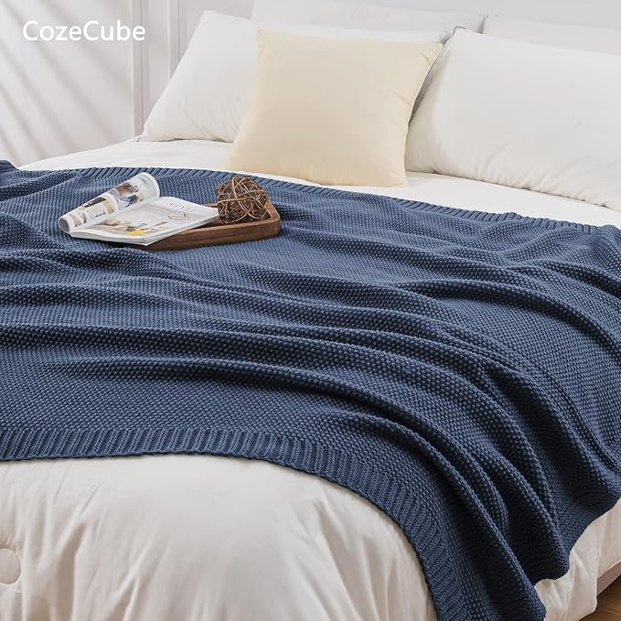 CozeCube Blue Throw Blanket for Couch, Soft Cozy Cable Knit Throw for Bed Sofa - Image 2