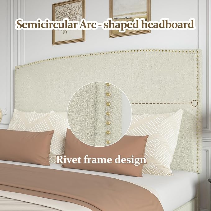 Full Size Bed Frame with Headboard, Soft Boucle Fabric, No Box Spring Needed - Image 4
