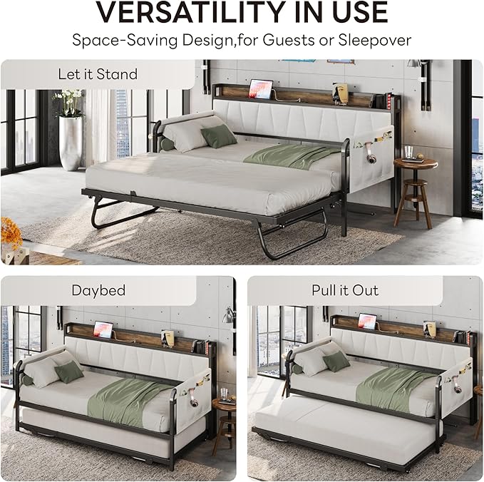 LIKIMIO Daybed with Trundle Bed, Twin Bed Frame with Storage Headboard and - Image 4
