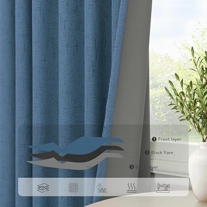 Denim Blue Living Room Darkening Curtains 72 Inches Long 2 Panels Set Faux - Image 4