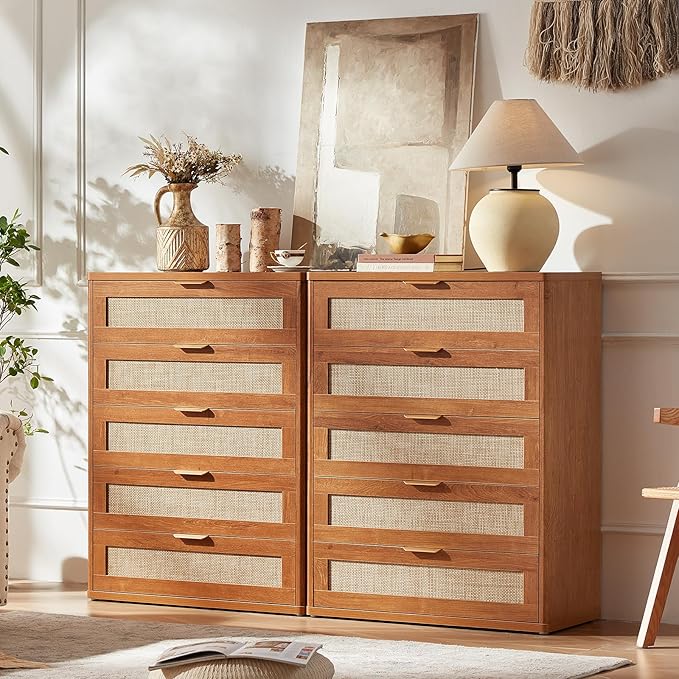 LEYAOYAO Dresser for Bedroom, Modern 5 Drawers Boho Rattan Dressers - Image 4
