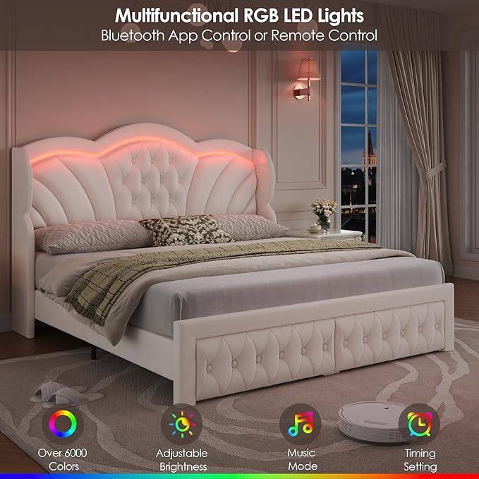 Keyluv King Bed Frame with LED Lights and 2 Storage Drawers, Velvet Upholstered - Image 4