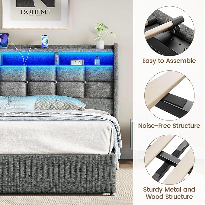 Lift Up Queen Bed Frame with Storage, Upholstered Bed Frame Queen Size with LED - Image 8