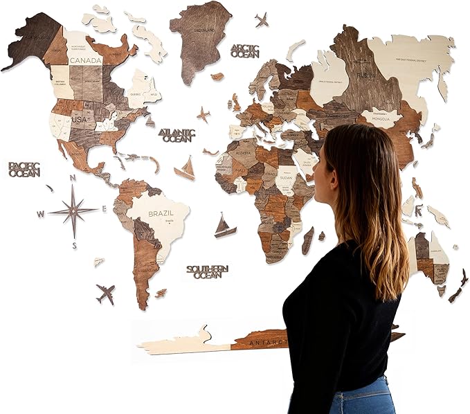 Handmade 3D Wood World Map Wall Art Large Wall Decor Track Your World Travels by Awesometik