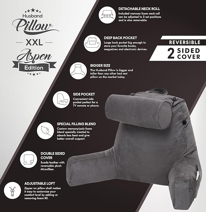 Husband Pillow XXL Aspen Edition, Adult Reading Sit Up Bed Rest Pillow - Image 5