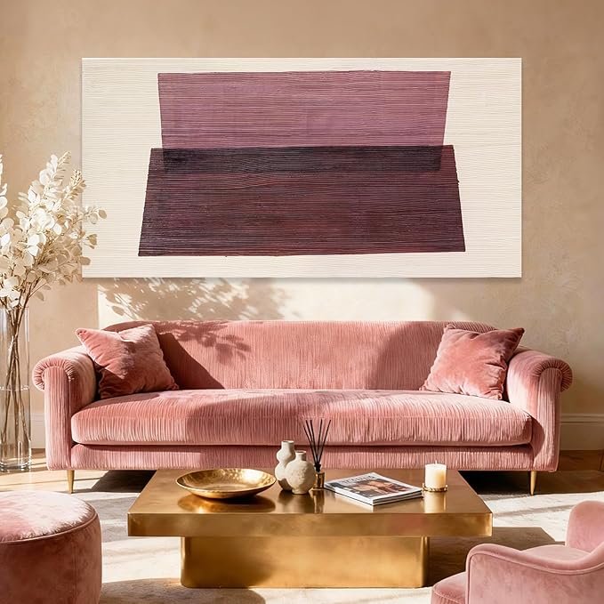 YETHEN WAL Rose Pink Minimalist Wall Art Hand-Painted Line Canvas Painting by Unknown