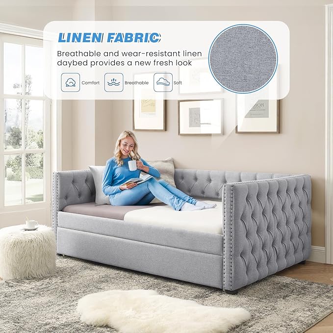 Daybed with Trundle, Modern Upholstered Full Size Day Bed Button-Tufted Sofa - Image 7
