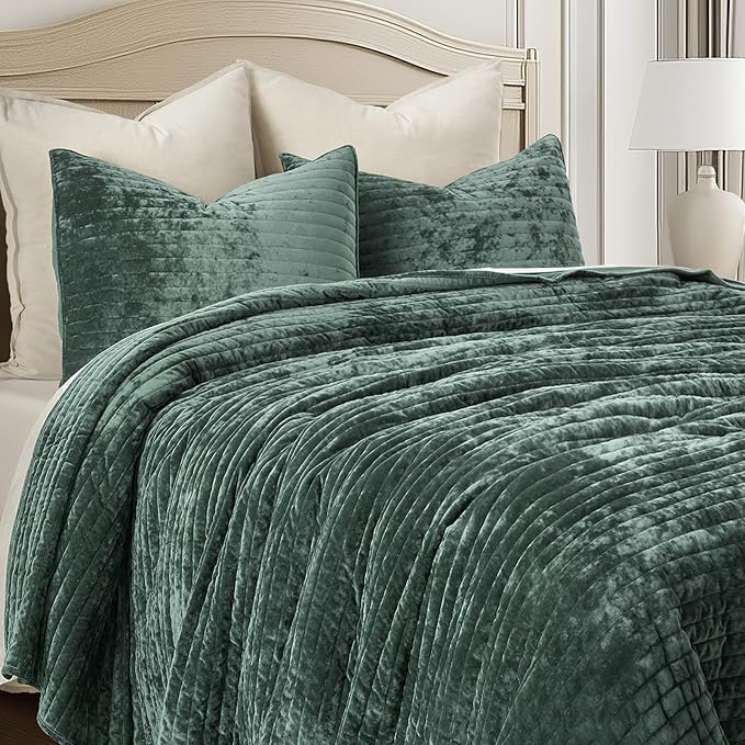 EVERGRACE Velvet Quilt Set King Size, Luxurious Soft Striped Channel Bedding Set - Image 5