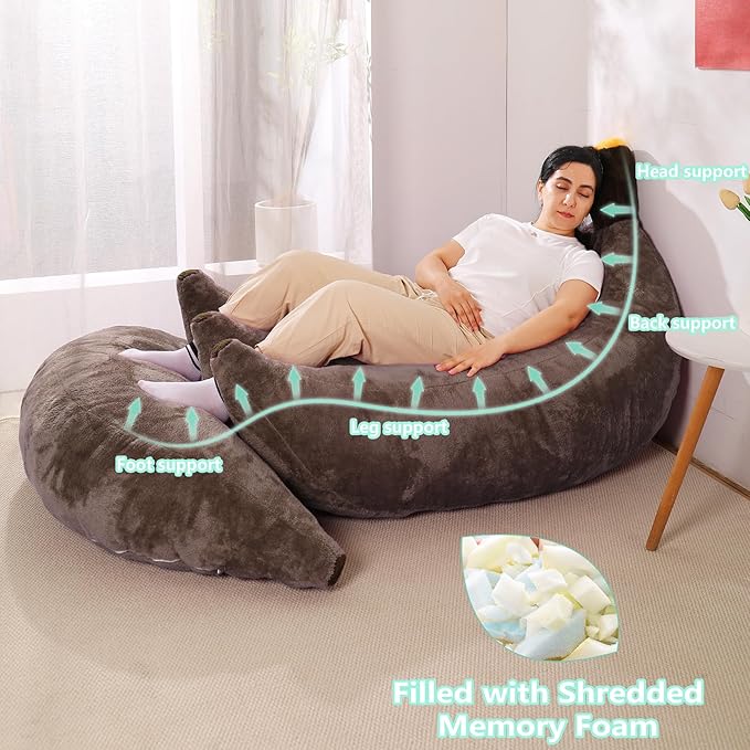 Banana Bean Bag Chair with Ottoman, Floor Sofa Bed with Footrest, Comfy - Image 3