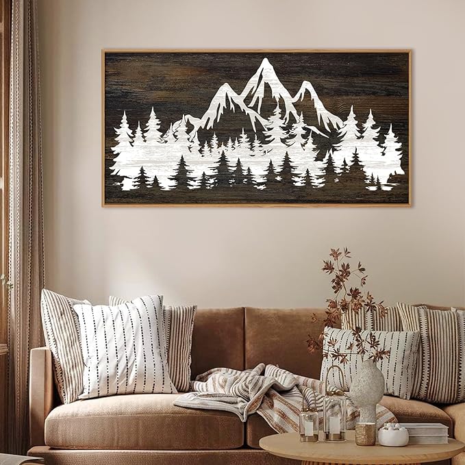 LHIUEM Large Mountain Tree Framed Canvas Wall Art, Modern White Forest Art - Image 2