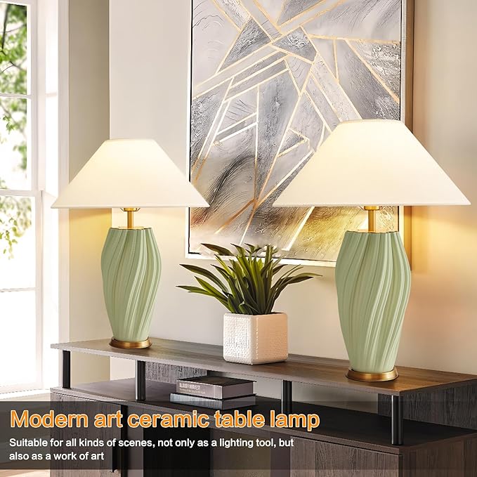 Modern Large Ceramic Table Lamps 24.5", Sage Green Plug in Table Lamp Decorative - Image 4