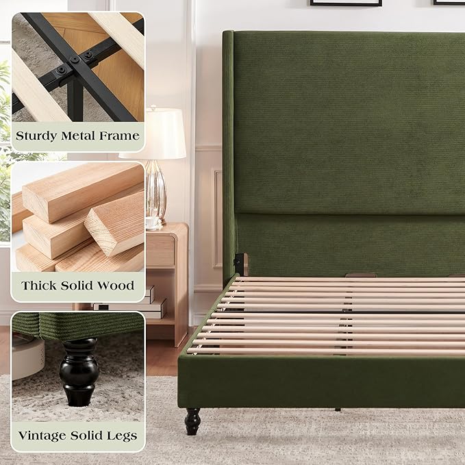 King Bed Frame with 65" Tall Headboard, Horizontal Fine Corduroy Bed Frame with - Image 7