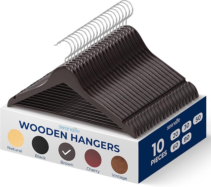 SereneLife 10-Pack Wooden Coat Hangers – Durable Suit Hangers by SereneLife