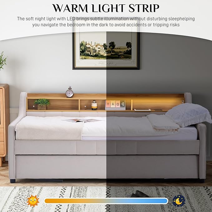 Twin Size Daybed with Pop Up Trundle Bed, Linen Fabric Upholstered Day Bed - Image 7