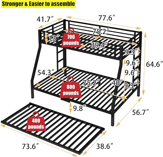 Higher Quality & Stronger Metal Bunk Bed Twin Over Full Size Bunkbed Frame - Image 2