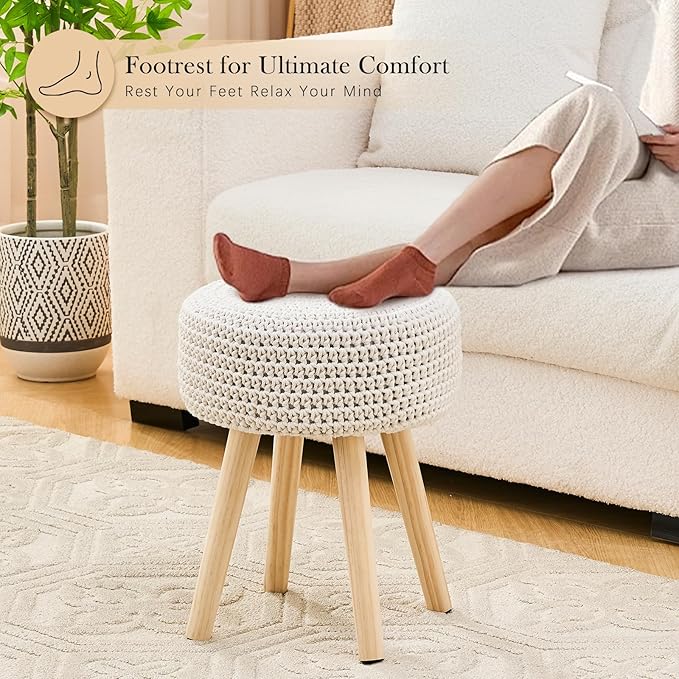 LGENHOOM Cotton Knitted Ottoman Round Footstool Vanity Stool Modern Stool - Image 5
