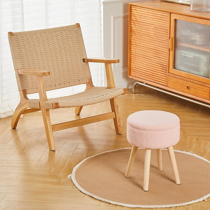 Mxfurhawa Storage Ottoman Foot Stool Teddy Velvet Round Vanity Stool Tray Top - Image 4