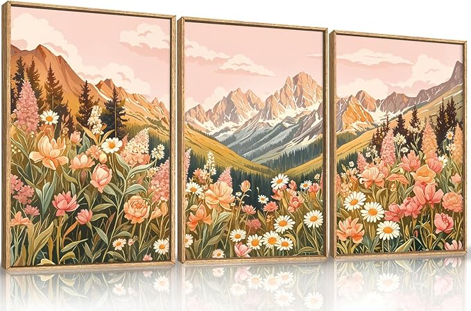 LHIUEM Large Abstract Colorful Mountain Framed Canvas Wall Art, Boho Pink by LHIUEM