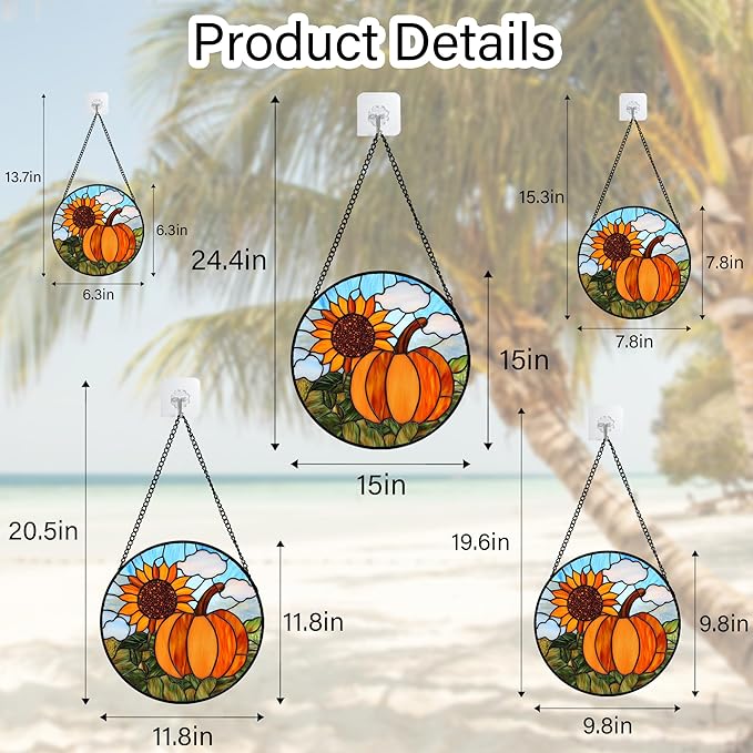DASTOLL Stained Glass Window Hanging Fall Farm Scenery Sunflower Pumpkin 7.8" - Image 6