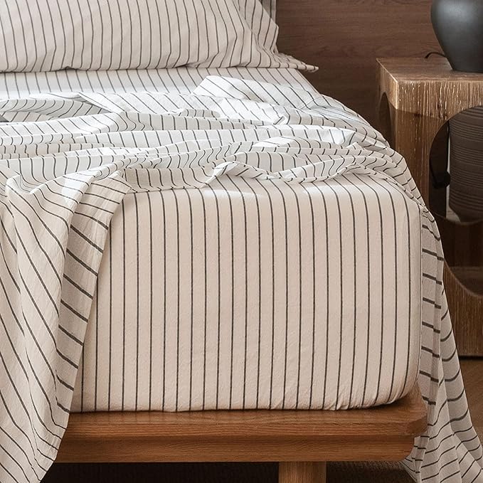 MooMee Fitted Bottom Sheet Only 100% Washed Cotton Linen Like Textured - Image 2