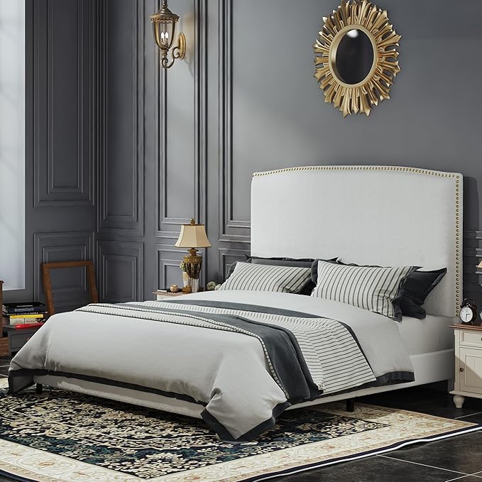 Queen Size Bed Frame with Headboard, Soft Boucle Fabric, No Box Spring Needed - Image 3